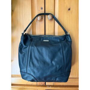 Kate Spade Classic Black Leather Purse with Zip Closure & Striped Lining